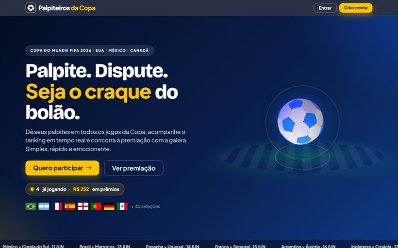 Palpiteiros da Copa — bolão online desenvolvido pela DGtec